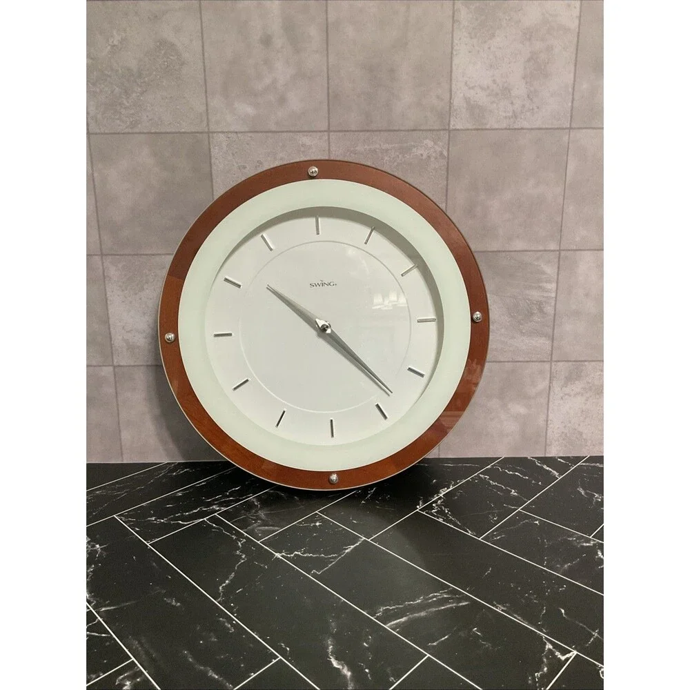 Swing Wall Clock Echo Walnut MCM Style Wood Frame.EUC